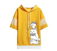 Men Women Kawaii Anime Cat T-Shirt Japanese Tee Cartoon Aesthetic Cute Manga Preppy Short Sleeve Hoodie Top Korean, Yellow, XXXL