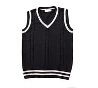 Men Women Knitted Cotton V-Neck Vest JK Uniform Pullover Sleeveless Sweater School Cardigan - black - S