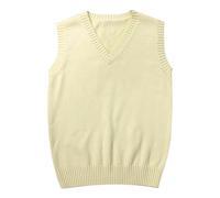 Men Women Knitted Cotton V-Neck Vest JK Uniform Pullover Sleeveless Sweater School Cardigan, Lemon Yellow, Medium