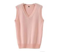 Men Women Knitted Cotton V-Neck Vest JK Uniform Pullover Sleeveless Sweater School Cardigan - Pink - XL