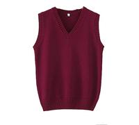 Men Women Knitted Cotton V-Neck Vest JK Uniform Pullover Sleeveless Sweater School Cardigan - red - XXL