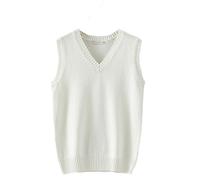Men Women Knitted Cotton V-Neck Vest JK Uniform Pullover Sleeveless Sweater School Cardigan - - S