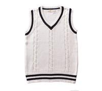 Men Women Knitted Cotton V-Neck Vest JK Uniform Pullover Sleeveless Sweater School Cardigan, White Stripe, Medium