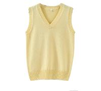 Men Women Knitted Cotton V-Neck Vest JK Uniform Pullover Sleeveless Sweater School Cardigan - Yellow - Medium