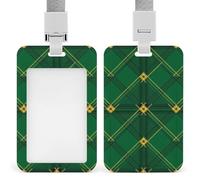 Men Women Vertical ID Badge Holder, Green Scottish Tartan Plaid Plastic Card Case Protector Sliding Badge Sleeve with Detachable Lanyard for NurseTeacher