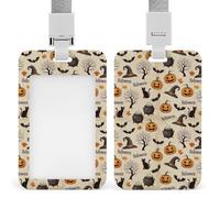 Men Women Vertical ID Badge Holder, Halloween Decorations Black Cat Bat Pumpkin Skull Party Pattern Plastic Card Case Protector Sliding Badge Sleeve with Detachable Lanyard for NurseTeacher