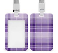 Men Women Vertical ID Badge Holder, Hard Plastic Card Protector Cover Case with Detachable Lanyards Purple Tartan Plaid Scottish Pattern Sliding Badges Holders