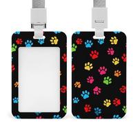 Men Women Vertical ID Badge Holder, Pink Red Blue Green Dog Pug Paws Plastic Card Case Protector Sliding Badge Sleeve with Detachable Lanyard for NurseTeacher