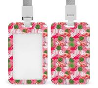 Men Women Vertical ID Badge Holder, Tropical Palm Leaf Pink Flamingos Plastic Card Case Protector Sliding Badge Sleeve with Detachable Lanyard for NurseTeacher