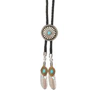 Men Women Vintage Bolotie Antique Carving Flower Jewelry Necktie Western Leather Rope Necklace with Feathered