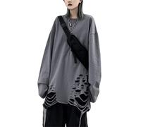 Men Women Y2K Gothic Ripped Raw Hem Sweatshirt Oversize Korean Emo Punk Long Sleeve Top Shirt Dark Academia Grunge Blouse, Grey, Large