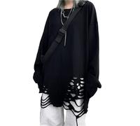 Men Women Y2K Gothic Ripped Raw Hem Sweatshirt Oversize Korean Emo Punk Long Sleeve Top Shirt Dark Academia Grunge Blouse, Black, XXL