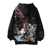 Men Women Y2K Hoodie Japanese Harajuku Hooded Sweatshirt Sakura Temple Korean Long Sleeve Thicken Fleece Loose Tops Pullover, Black, XXXL
