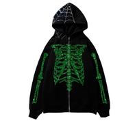Men Women Y2K Skeleton Hoodie Spider Web 3D Rhinestone Gothic Grunge Emo Alt Harajuku Dark Academia Punk Aesthetic, Green, Large