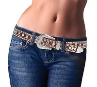 Men Women's Rhinestone Bling Studded 1.5" Leather Belts for Jeans Pants with Fashion Silver Buckle, Brown, S for waist 26-31"
