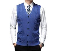 Men Wool Knit Vest Sleeveless Sweater Jacket Buttons Down Pockets V Neck Basic Cardigan Male Fashion Vest Blue M(55-63kg)