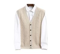 Men Wool Waistcoat Sleeveless Sweater V-Neck Cardigans Twist Flower Cashmere Wool Knitted Vintage Vest Autumn Winter(Beige,S)