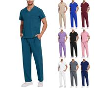 Men Work Uniform Sets Clearance Short Sleeve Scrub Set with Multi Pocket V Neck Tunic and Slip-On Trousers 2 Piece Performance Uniforms Outfits Stylish Solid Color Scrub Top & Pants, 10 Colours