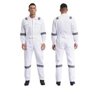 Men Working Coveralls Dustproof Dungarees Coveralls Cotton Work Overalls Reflective Multi-pocket Workshop Uniforms One-piece Jumpsuit(White,4XL 190)