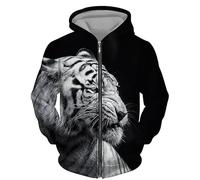 Men Zip Up Hooded Sweatshirt Retro Tiger Fierce Beast 3D Printed Full Zip Hoodie Unisex Long Sleeve Zipper Cardigan Jacket Coats