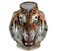 Men Zip Up Hooded Sweatshirt Retro Tiger Fierce Beast 3D Printed Full Zip Hoodie Unisex Long Sleeve Zipper Cardigan Jacket Coats