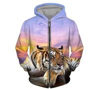 Men Zip Up Hooded Sweatshirt Retro Tiger Fierce Beast 3D Printed Full Zip Hoodie Unisex Long Sleeve Zipper Cardigan Jacket Coats