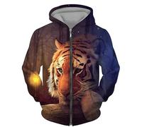 Men Zip Up Hooded Sweatshirt Retro Tiger Fierce Beast 3D Printed Full Zip Hoodie Unisex Long Sleeve Zipper Cardigan Jacket Coats