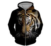 Men Zip Up Hooded Sweatshirt Retro Tiger Fierce Beast 3D Printed Full Zip Hoodie Unisex Long Sleeve Zipper Cardigan Jacket Coats
