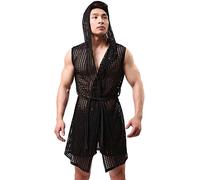Mendove Men's Sexy Fishnet Hooded Kimono Robe Sleeveless See-Through Bathrobe Size Large Black