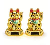MENDUNER 2 Pack Solar Lucky Cat, 3.15 Inch Small Waving Maneki Neko with Gold Ingot, Feng Shui Wealth Decor for Car Dashboard, Desk, Light Activated, No Batteries Needed (Gold)
