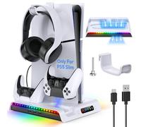 MENEEA PS5 Slim Stand and Strong Cooling Stand with Dual Controller Charging Station for PlayStation 5 Slim Disc/Digital Edition 2023 Console, PS5 Slim Accessories with 3-Level Cooling Fan & RGB Light