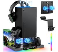 MENEEA Upgraded RGB Cooling Fan Charging Station for Xbox Series X Console & Controller, Wireless Dual Charger Dock Cooler System Stand with 15 Colorful Light Modes Accessories Storage, Black