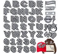 Meneng Letters and Numbers Patches for Racing: 82 Pcs Iron On Checkered Letters with Car Patches - Embroidered Flag Lightning Patch for Jacket Hat Customization
