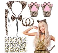 Meng Jiaran 10 Pcs Leopard Print Costume Kit,Leopard Accessory Set Ears Headband Bow Tie Tail Gloves Face Sticker Earings,Animal Fancy Dress Set for Carnival Cosplay Party