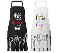 Meng Jiaran 2 Pack Adjustable Apron Women Aprons with Double Pocket,Cooking Baking Apron Kitchen Chef Aprons for Women,Queen OF THE KITCHEN and MADE WITH Love