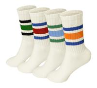 Meng Jiaran 4 Pairs Crew Sport Socks Women Men Striped Crew Socks Size 4-7 | Retro Athletic Socks Casual Cotton Socks for Women Men