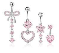 Meng Jiaran 4PCS Pink Belly Button Bars Stainless Steel Dangly Belly Button Piercing Rings Hypoallergenic 14G Heart Bow Navel Jewelry for Women & Girls