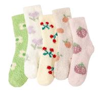 Meng Jiaran 5 Pairs Fluffy Socks for Women-Fruit and Flower Pattern Ladies Soft Thicken Slipper Socks for Women and Girls