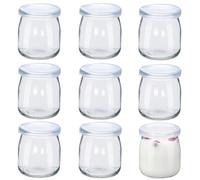 Meng Jiaran 9Pcs 7oz/200ml Yogurt Pudding Glass Jars with Plastic Lids, Small Glass Jars with Lids, Reusable Mini Clear Glass Bottles for Overnight Oats, Spice, Jam, Juice