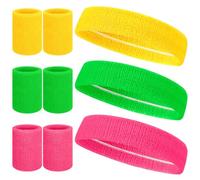Meng Jiaran 9Pcs Sports Headband and Wristbands Set 80s Neon Sweat Bands Absorbent Sweatbands Cotton Head Band Wrist Bands Set for Running Exercise Gym Sports Tennis Basketball,3 Colors