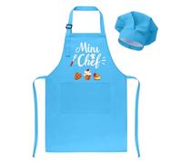 Meng Jiaran Kids Apron and Chef Hat Set, “Mini chef” Apron Adjustable Child Aprons Chef in Training Blue Funny Aprons with 2 Pockets for Boys and Girls (Blue)