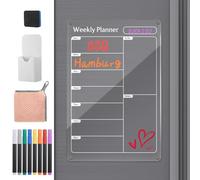 Meng Jiaran Magnetic Fridge Planner, Acrylic Weekly Planner Fridge Calendar Whiteboard with Magnetic Dry Erase Board,8 Markers,Pen Holder&Cloth for Meal Planner Shopping List Memo Reminders