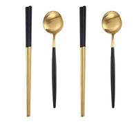 Mengbaobao MBB 2 Pairs of Chopsticks & 2 Spoons Flatware Set Dinnerware Stainless Steel - Black Gold