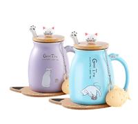 MengCat Cat Mug Cute Ceramic Coffee Cup with Lovely Kitty lid Stainless Steel Spoon,Novelty Morning Cup Tea Milk Christmas Mug Gift 380ML (Blue & Purple)