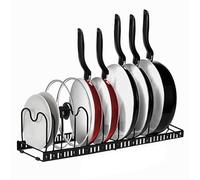 MENGCOOL Expandable Pans Organiser Rack, Pan Lid Storage with 10 Adjustable Dividers, Pot Lid Holder, Kitchen Cupboard Organiser (Black)