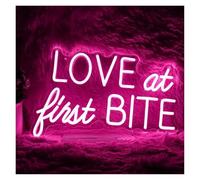 Menge Hanging Art Neon Signs Love At First Bite Neon Sign Led Pink Words Light Wall Art Decor for Wedding Marriage Proposals Bar Party 26cmx40cm