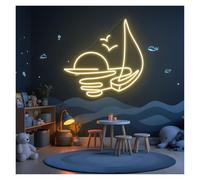 MENGE Hanging Art Sailboat Neon Sign, Sailboat On Beach Sunset Neon Lights for Studio Bedroom Wall Decor Night Light 46cmx48cm(B)