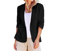 Menge Ladies Linen 3/4 Sleeve Women's Suits & Blazers Cropped Tweed Blazer Cotton Lapel Buttons Suit Jacket (X-Black,Medium)