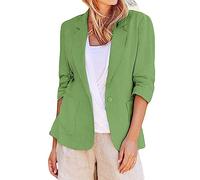 Menge Linen Jacket for Women - UK 3/4 Sleeve Summer Suit & Blazer - Cotton, Plus Size, Lapel Buttons (X-Green, Large)