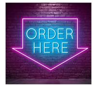 MENGE Sign Lamp Order Here Neon Sign Directional Arrow Led Light Open Store Shop Welcome Wall Decor Storefront Window Display Business Entrance 50cm
